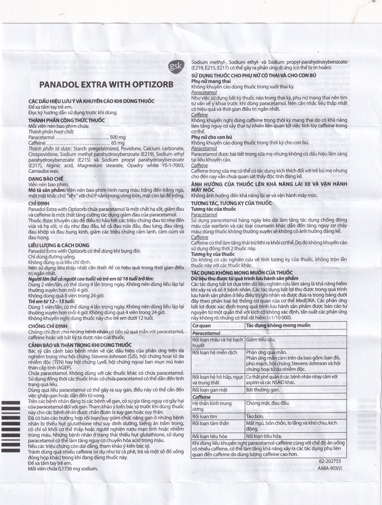 Viên nén Panadol Extra With Optizorb GSK giảm đau, hạ sốt nhanh, không gây buồn ngủ (12 vỉ x 10 viên)
