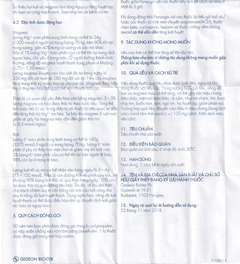 Viên nén Panangin Gedeon bổ sung kali, magnesi dùng trong suy tim (50 viên)