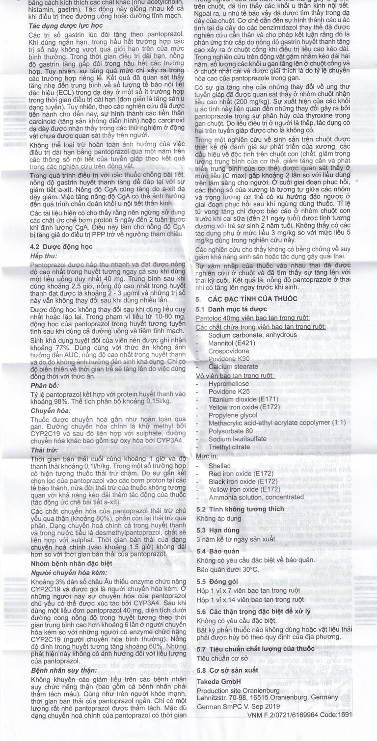 Viên nén Pantoloc 40mg Takeda điều trị viêm thực quản trào ngược (1 vỉ x 7 viên) 