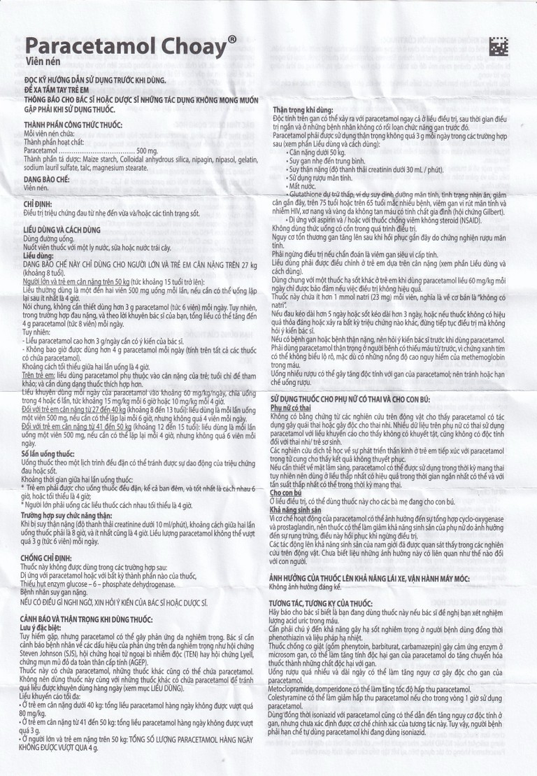 Viên nén Paracetamol Choay 500mg Sanofi điều trị triệu chứng đau từ nhẹ đến vừa, sốt (10 vỉ x 10 viên)