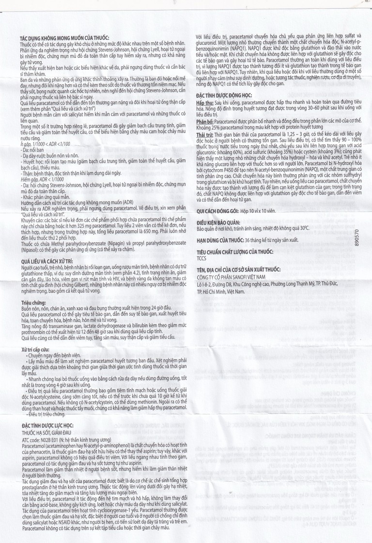 Viên nén Paracetamol Choay 500mg Sanofi điều trị triệu chứng đau từ nhẹ đến vừa, sốt (10 vỉ x 10 viên)