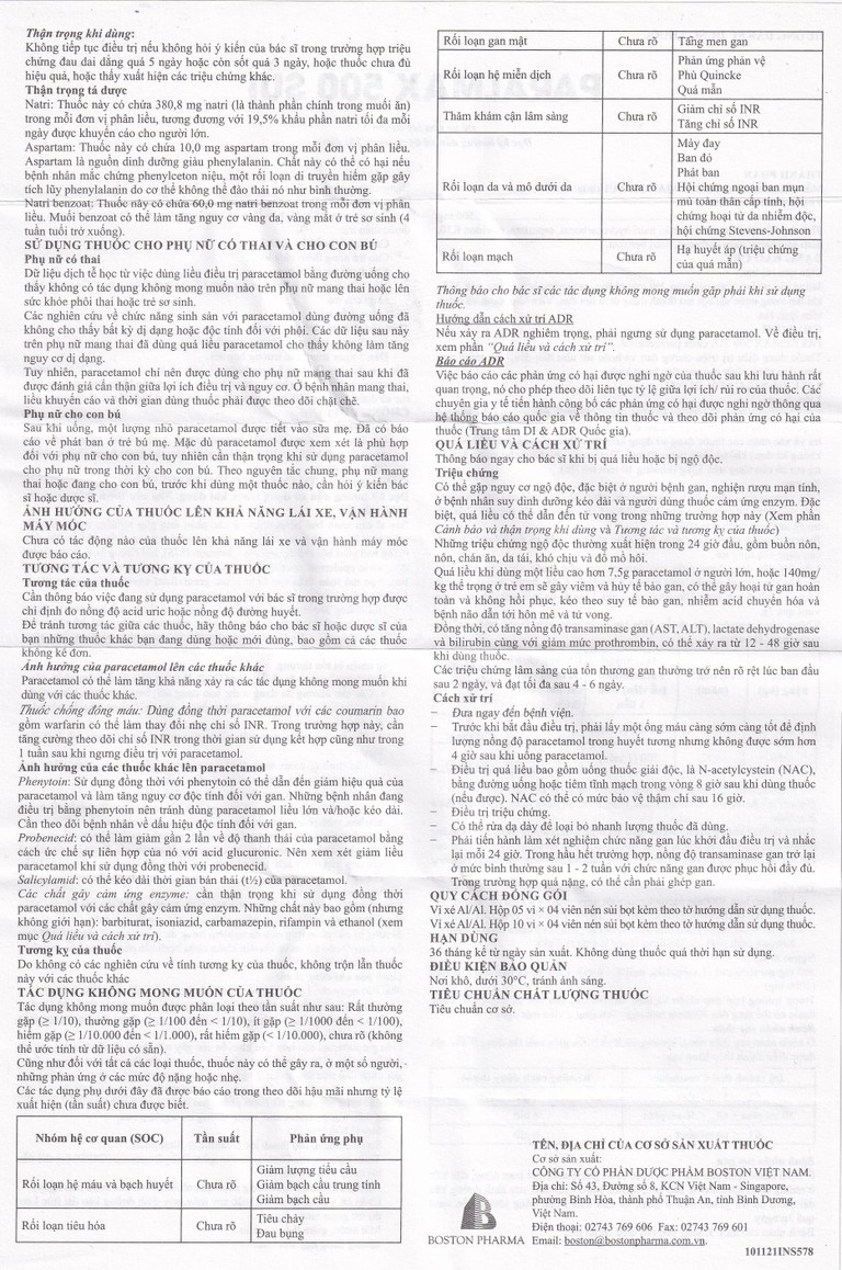 Viên sủi Effer-Paralmax 500 Boston giảm các chứng đau nhẹ đến vừa, đau đầu, đau răng (5 vỉ x 4 viên)