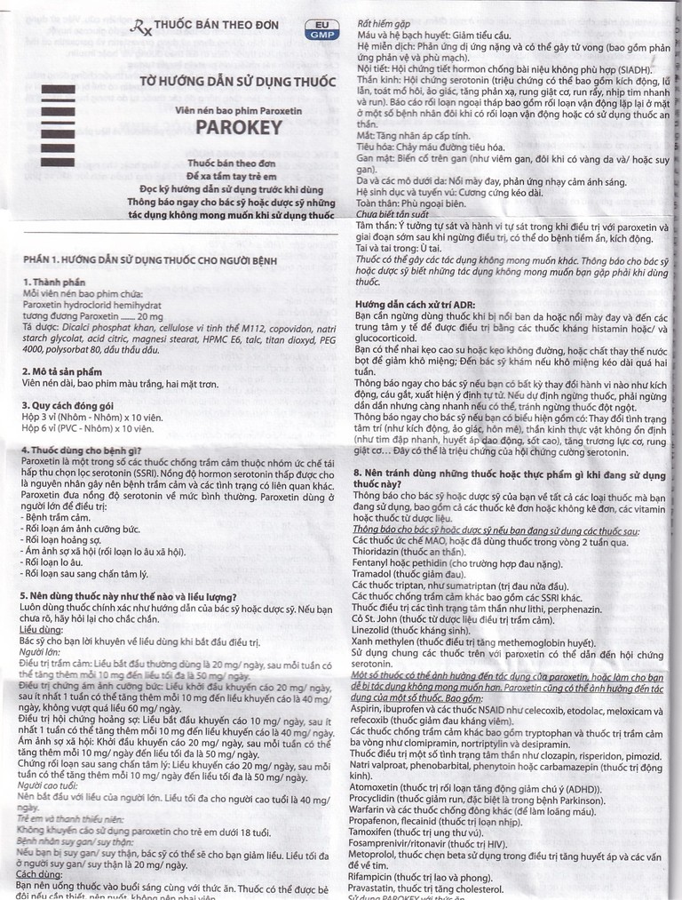 Viên nén Parokey 20mg DaViPharm điều trị trầm cảm, rối loạn ám ảnh cưỡng bức (3 vỉ x 10 viên) 