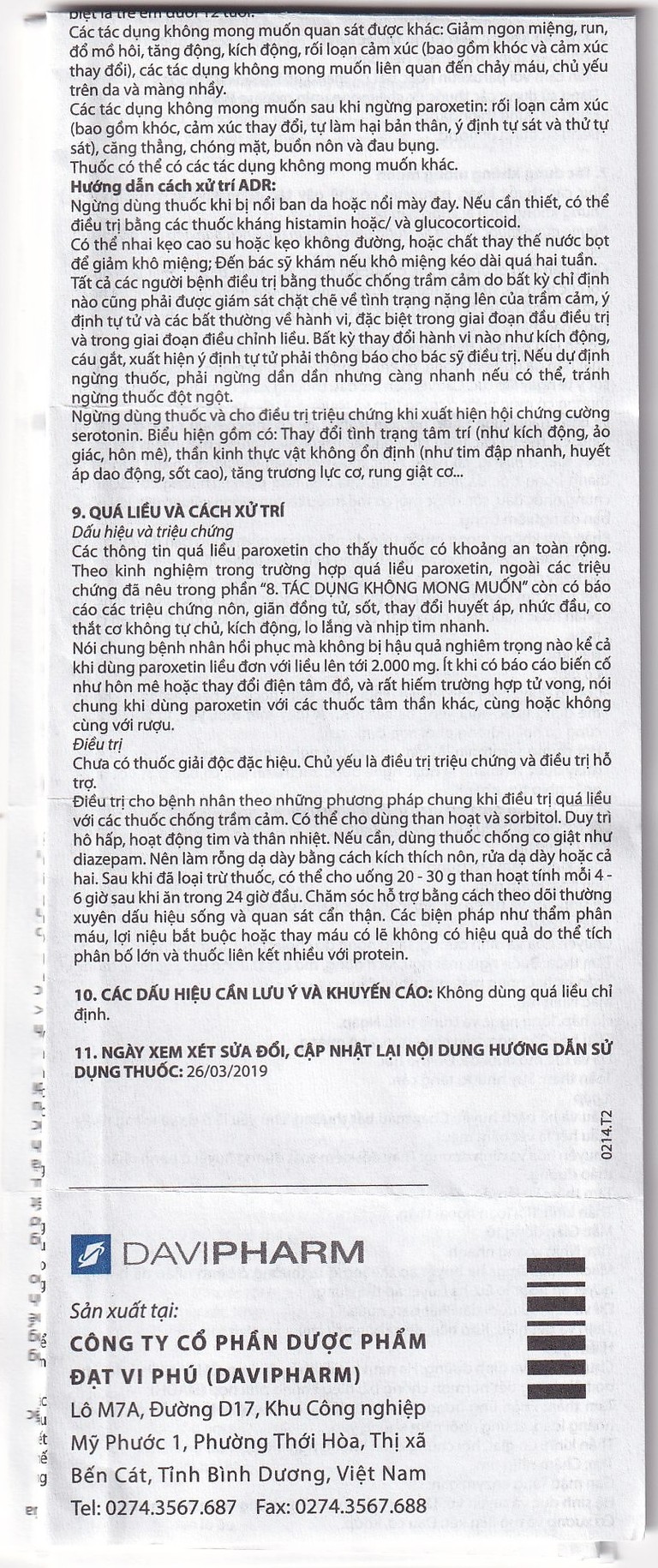 Viên nén Parokey 20mg DaViPharm điều trị trầm cảm, rối loạn ám ảnh cưỡng bức (3 vỉ x 10 viên) 
