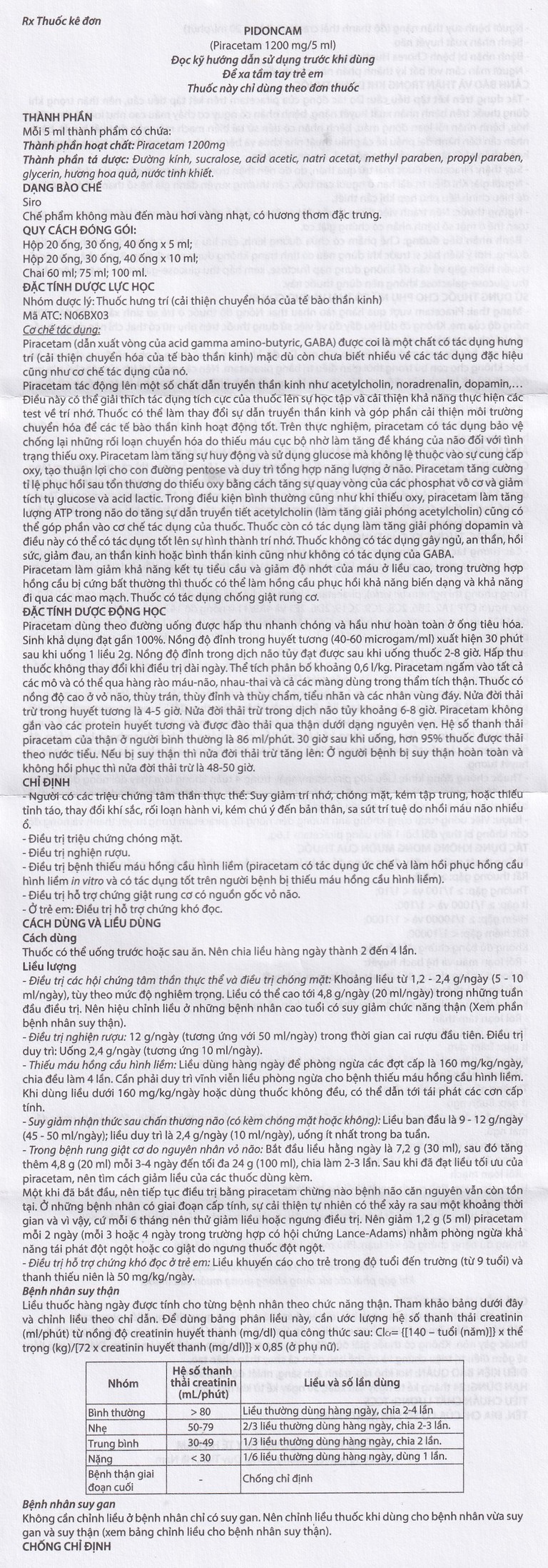 Thuốc Pidoncam 1200mg/5ml Hà Nam điều trị triệu chứng chóng mặt, suy giảm trí nhớ (20 ống x 10ml)