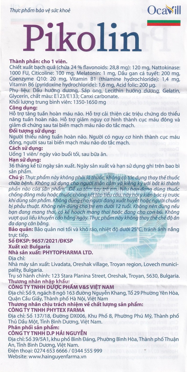 Viên uống Pikolin Ocavill hỗ trợ tăng tuần hoàn máu não, giảm hình thành cục máu đông (2 vỉ x 15 viên)