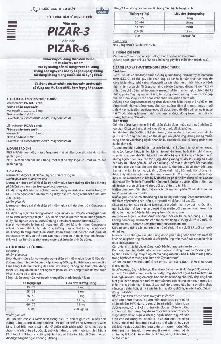Viên nén Pizar-6 DaViPharm điều trị các bệnh nhiễm giun lươn, giun chỉ (1 vỉ x 4 viên)