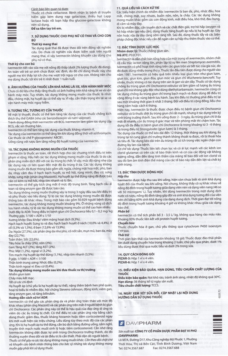 Viên nén Pizar-6 DaViPharm điều trị các bệnh nhiễm giun lươn, giun chỉ (1 vỉ x 4 viên)