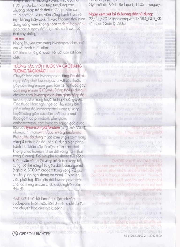 Thuốc Postinor 1 Gedeon dùng tránh thai khẩn cấp trong vòng 72 giờ sau giao hợp (1 viên)