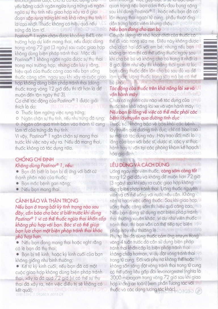Thuốc Postinor 1 Gedeon dùng tránh thai khẩn cấp trong vòng 72 giờ sau giao hợp (1 viên)