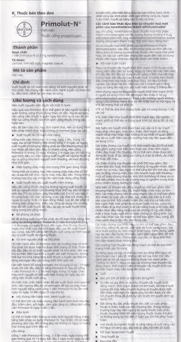 Thuốc Primolut N Bayer điều trị xuất huyết do rối loạn chức năng, vô kinh (2 vỉ x 15 viên)