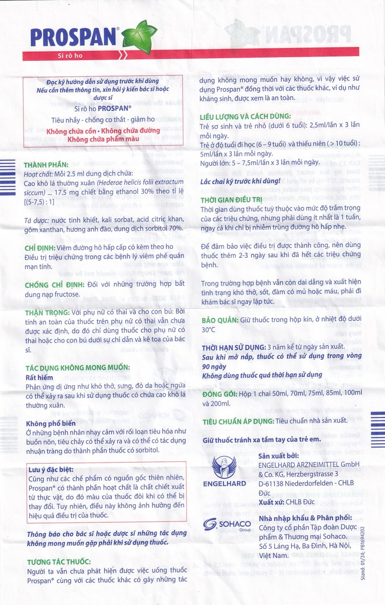 Thuốc Prospan Engelhard điều trị triệu chứng trong các bệnh lý viêm phế quản mạn tính 200ml