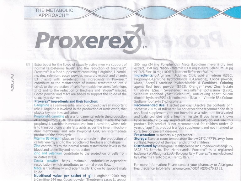 Bột Proxerex Sigma-tau HealthScience tăng cường sinh lực nam giới (30 gói x 6g)