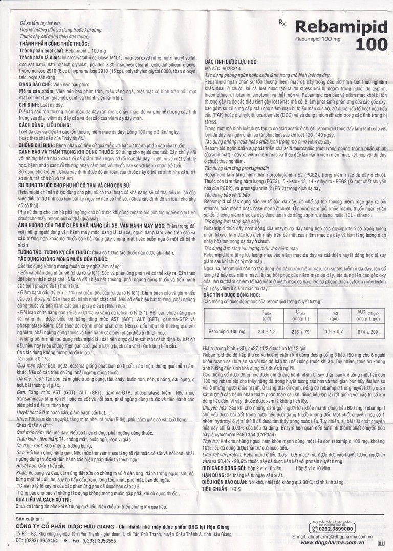 Thuốc Rebamipid 100 DHG điều trị loét dạ dày (5 vỉ x 10 viên)