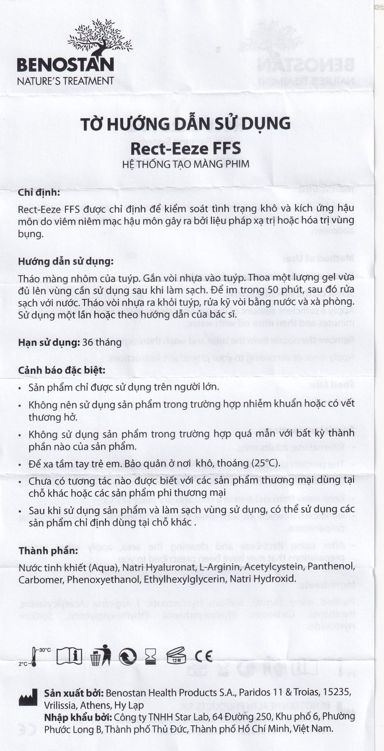 Gel bôi Benostan Rect-Eeze FFS kiểm soát khô và kích ứng niêm mạc hậu môn (30ml)