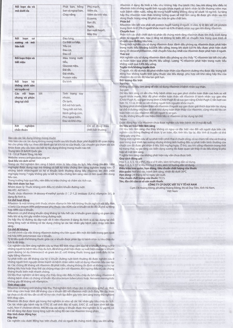 Thuốc Rifacinco 200mg Hà Nam điều trị tiêu chảy du lịch do E. coli không xâm nhập (3 vỉ x 9 viên)