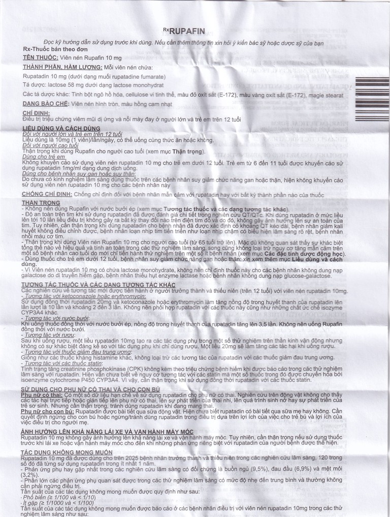 Thuốc Rupafin 10mg Hyphens điều trị viêm mũi dị ứng, nổi mày đay (1 vỉ x 10 viên)