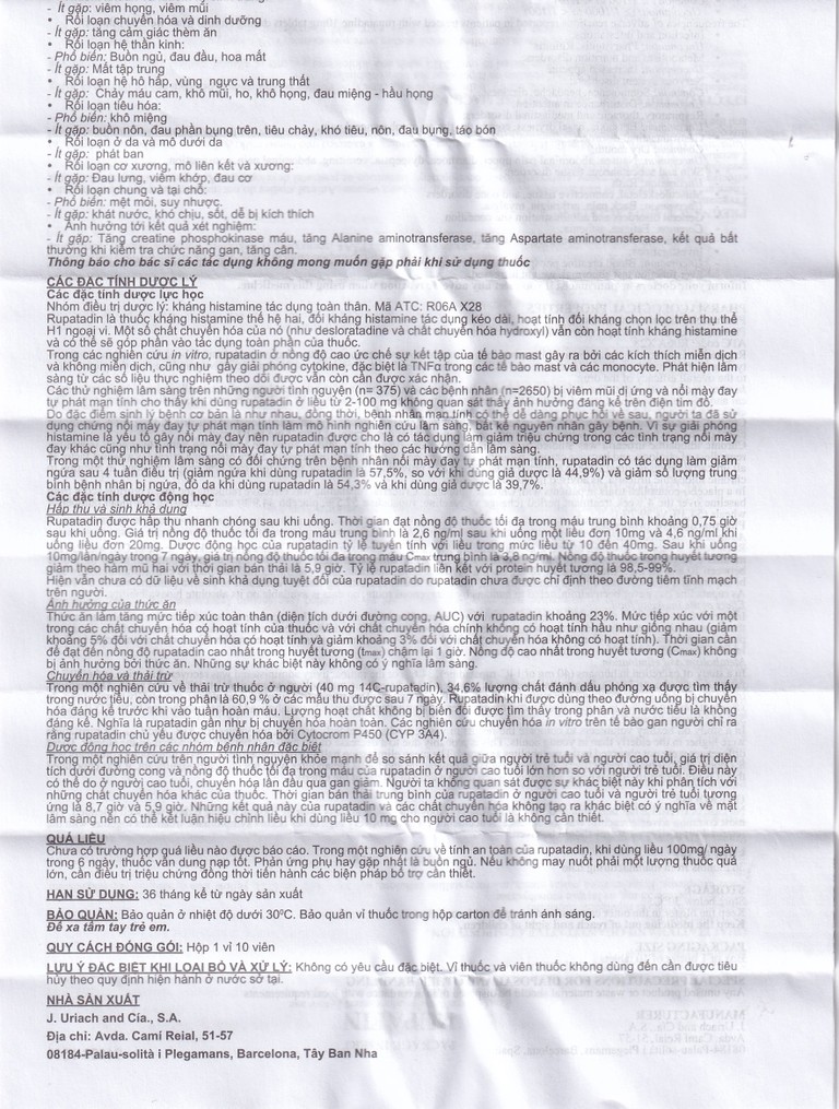 Thuốc Rupafin 10mg Hyphens điều trị viêm mũi dị ứng, nổi mày đay (1 vỉ x 10 viên)