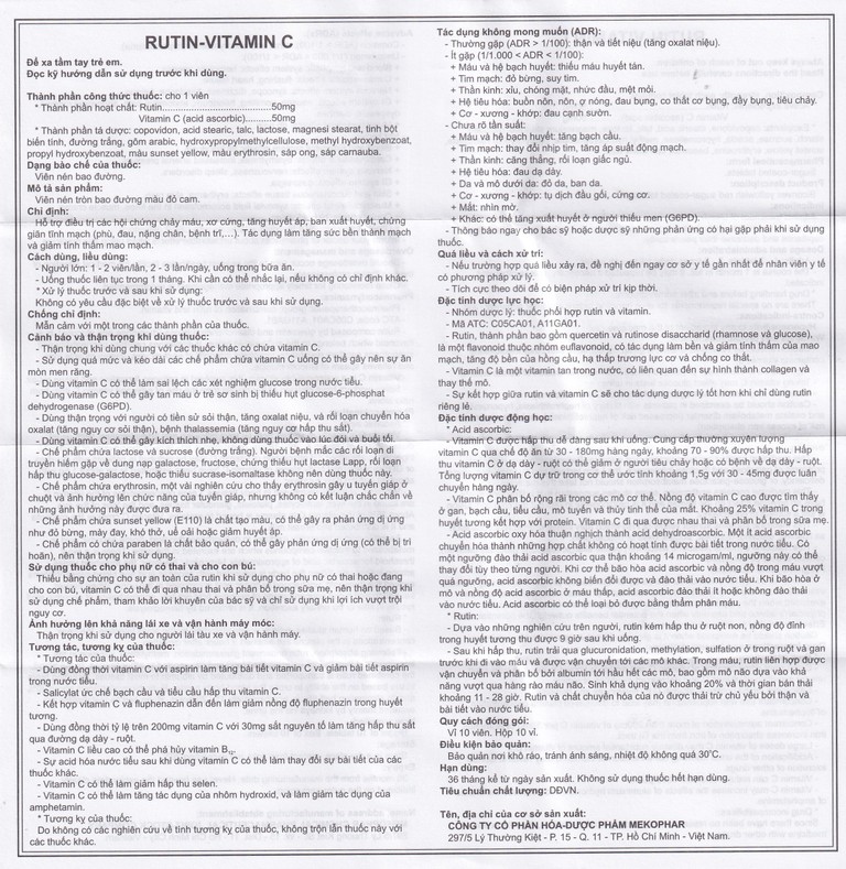 Thuốc Rutin-Vitamin C Mekophar hỗ trợ điều trị các hội chứng chảy máu, xơ cứng (10 vỉ x 10 viên)