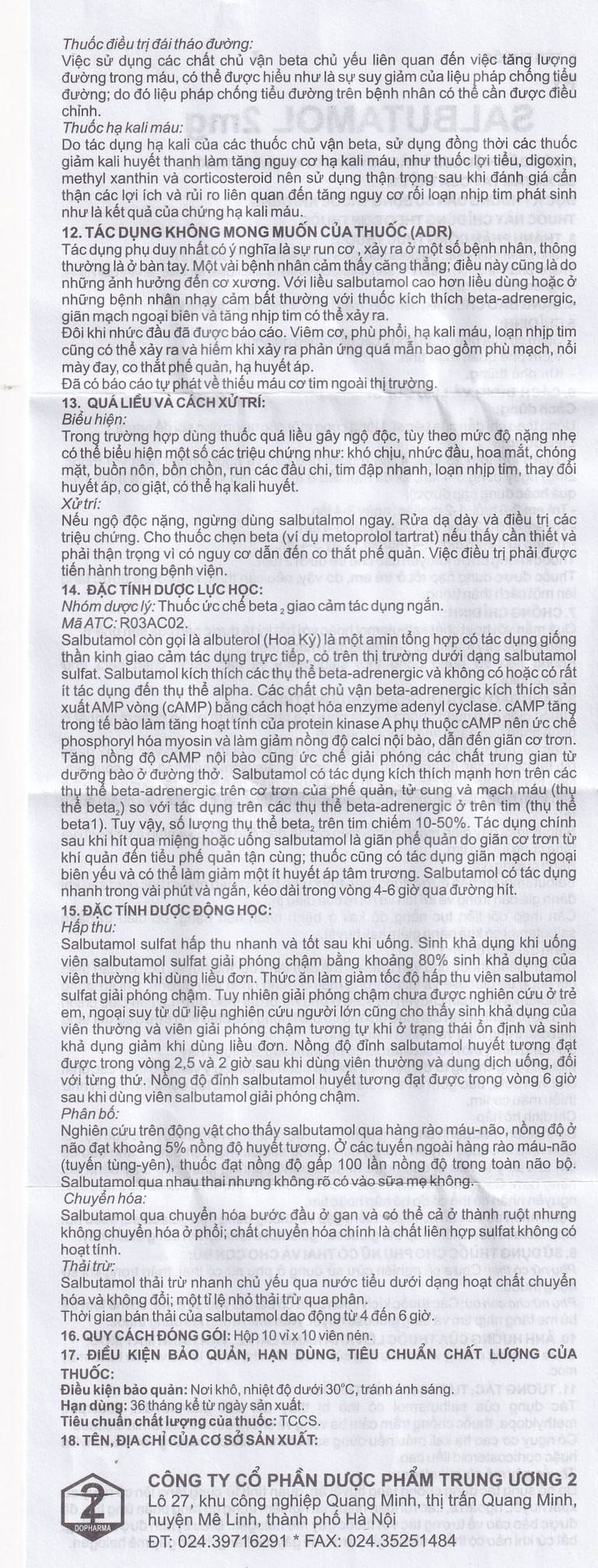 Thuốc Salbutamol 2mg Dopharma giúp giảm co thắt phế quản trong hen, viêm phế quản mãn tính (10 vỉ x 10 viên)