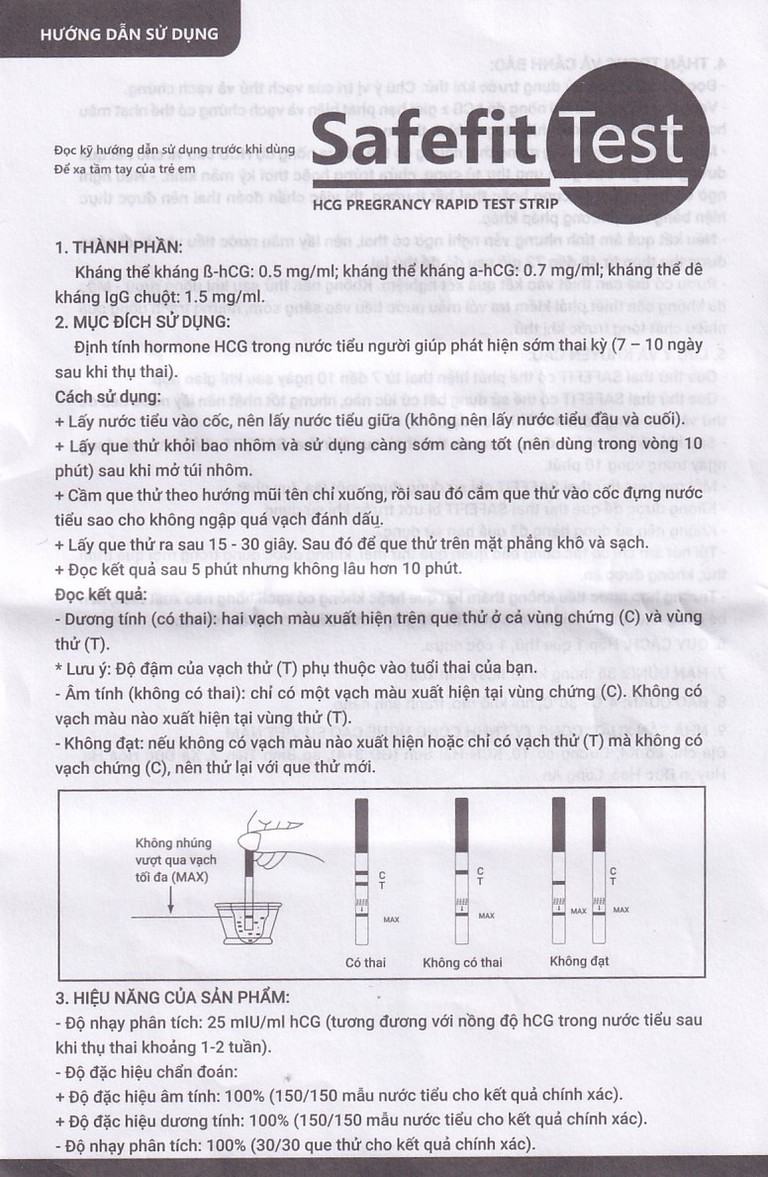 Que thử thai nhanh Safefit Test (Hộp 1 que x 1 cốc nhựa)