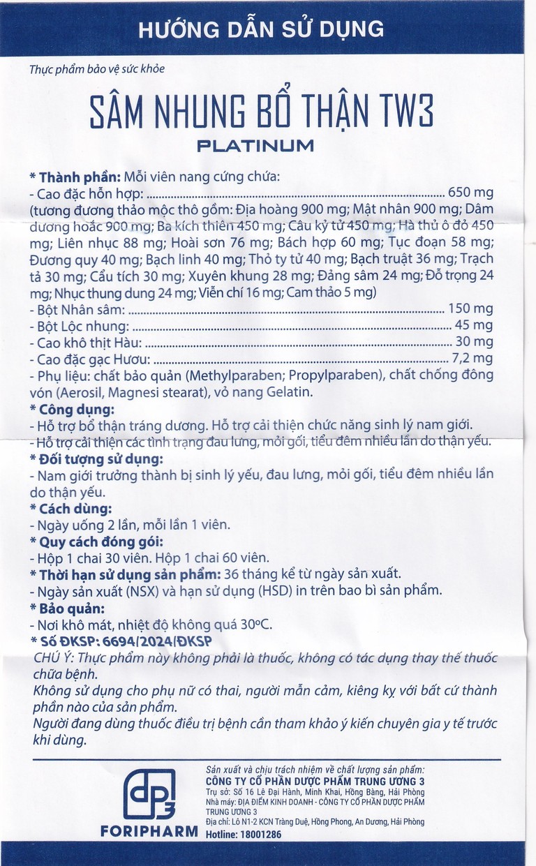 Sâm Nhung Bổ Thận TW3 Platinum hỗ trợ bổ thận tráng dương (30 viên)