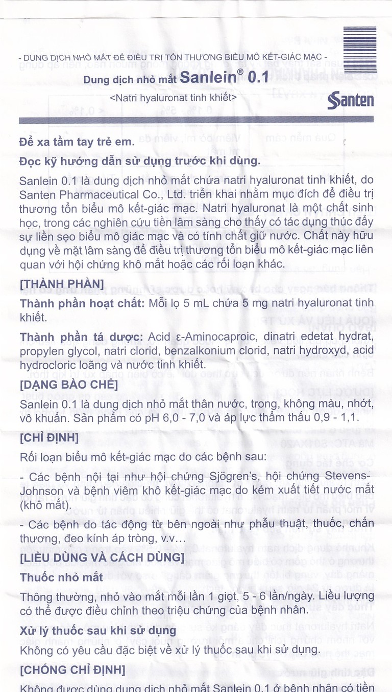 Thuốc nhỏ mắt Sanlein 0.1% Santen hỗ trợ điều trị rối loạn biểu mô kết giác mạc (5ml)