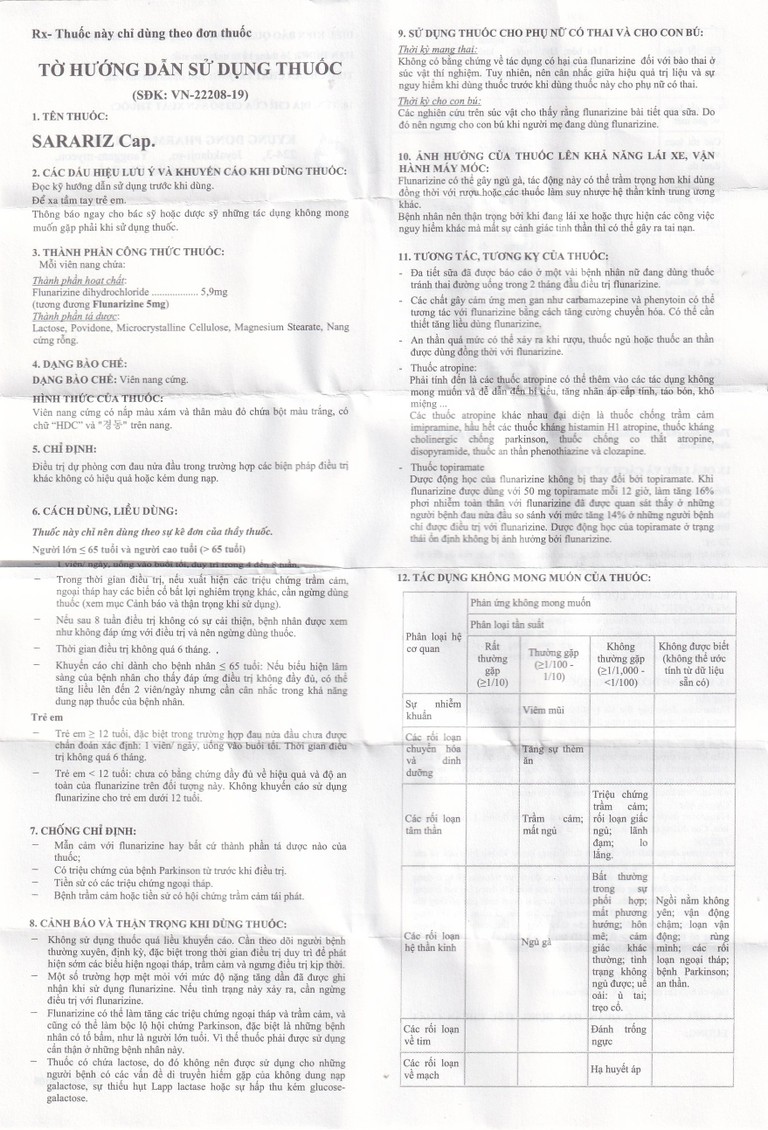 Thuốc Sarariz 5.9mg Kyung Dong điều trị đau nửa đầu, chứng chóng mặt (60 viên)