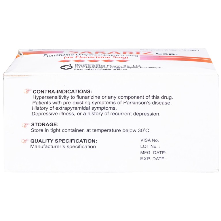 Thuốc Sarariz 5.9mg Kyung Dong điều trị đau nửa đầu, chứng chóng mặt (60 viên)