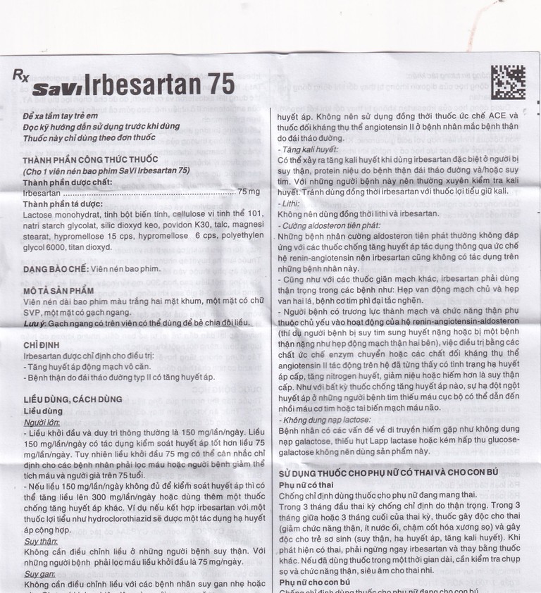 Thuốc SaVi Irbesartan 75 SaviPharm điều trị tăng huyết áp, bệnh thận (3 vỉ x 10 viên)