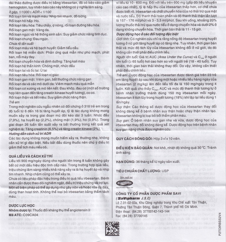 Thuốc SaVi Irbesartan 75 SaviPharm điều trị tăng huyết áp, bệnh thận (3 vỉ x 10 viên)