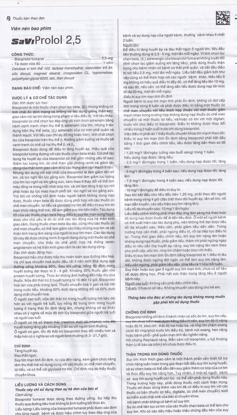 Thuốc SaViProlol 2,5 điều trị tăng huyết áp, đau thắt ngực (3 vỉ x 10 viên) 