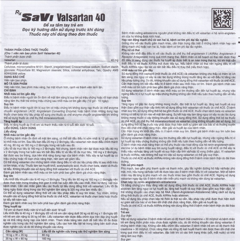Thuốc SaVi Valsartan 40mg Savipharm điều trị nhồi máu cơ tim, suy tim và tăng huyết áp (3 vỉ x 10 viên)