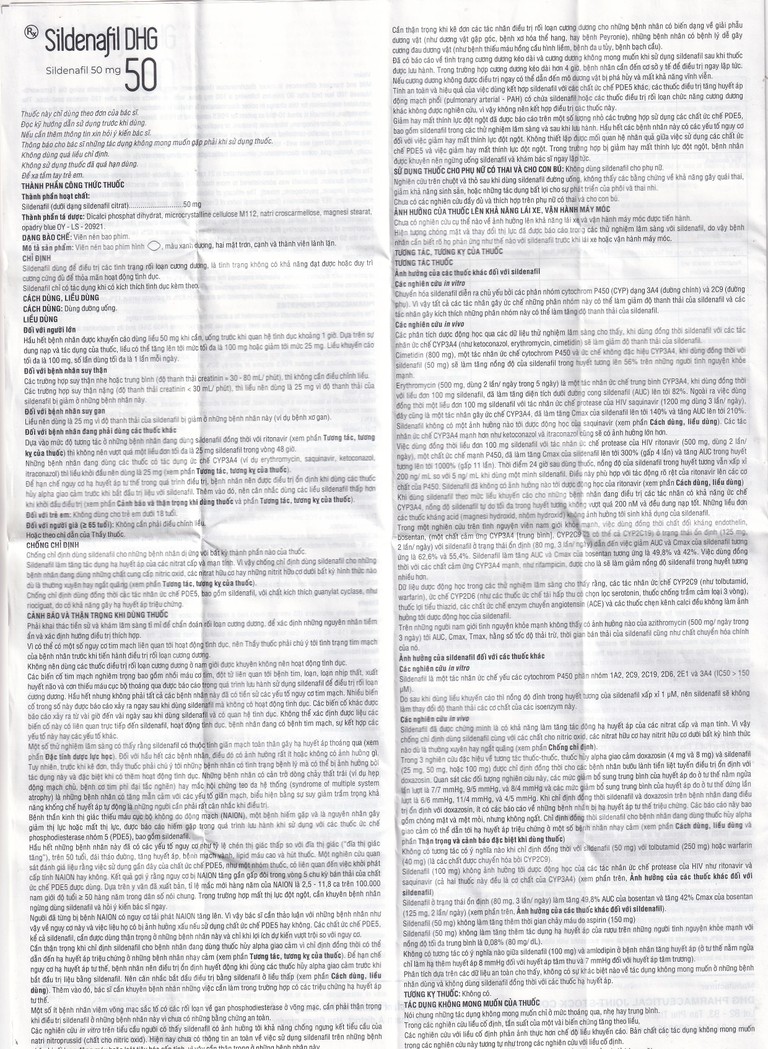 Thuốc Sildenafil 50 DHG điều trị các tình trạng rối loạn cương dương (1 vỉ x 1 viên)