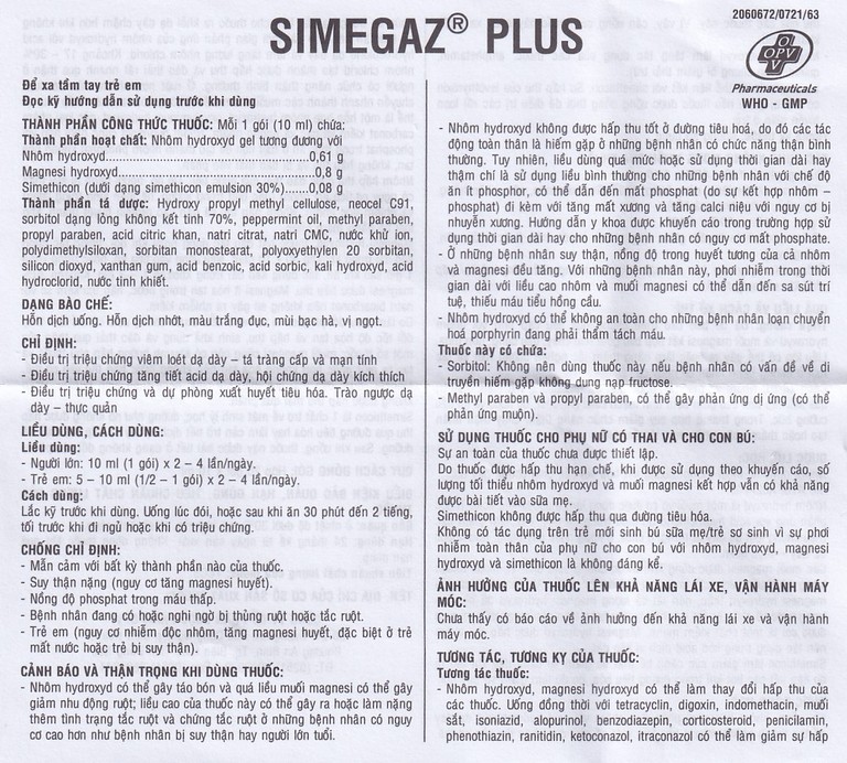 Hỗn dịch uống Simegaz Plus OPV vị bạc hà, điều trị viêm loét dạ dày , tăng acid dạ dày (20 gói x 10ml)