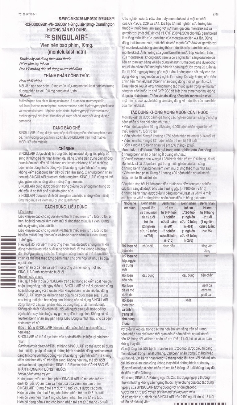 Thuốc Singulair 10mg Organon Pharma điều trị hen dai dẳng từ nhẹ đến trung bình (2 vỉ x 14 viên)