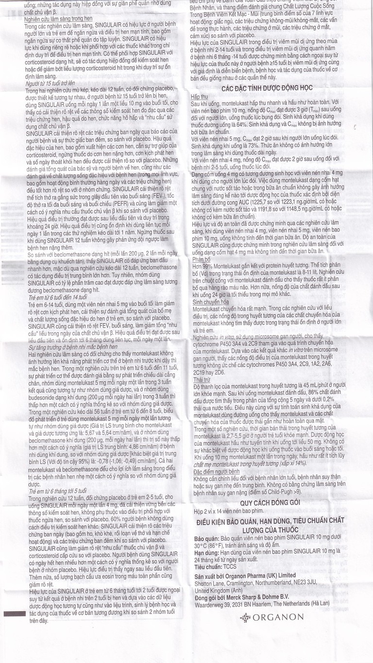 Thuốc Singulair 10mg Organon Pharma điều trị hen dai dẳng từ nhẹ đến trung bình (2 vỉ x 14 viên)