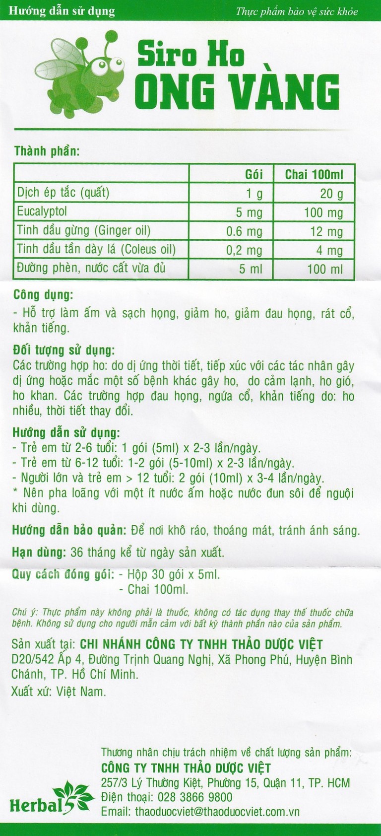 Siro ho Ong Vàng Thảo Dược Việt hỗ trợ làm ấm và sạch họng, giảm ho (30 gói x 5ml)