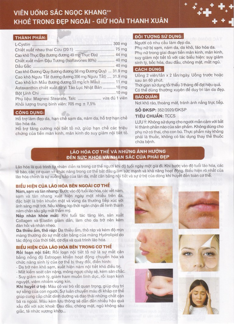 Thực phẩm bảo vệ sức khỏe Sắc Ngọc Khang++ hỗ trợ làm đẹp da, hạn chế sạm da, nám da (60 viên)