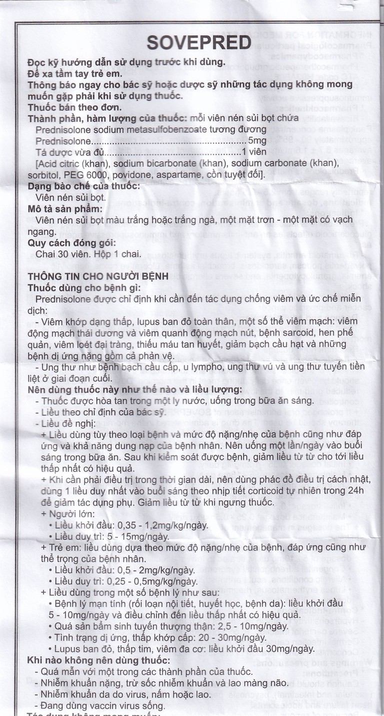 Viên sủi Sovepred Mekophar điều trị viêm khớp dạng thấp, lupus ban đỏ toàn thân (30 viên) 