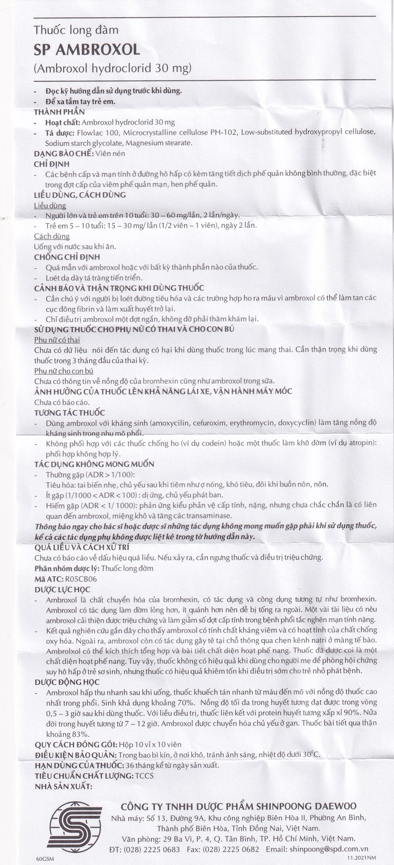 Thuốc SP Ambroxol 30mg điều trị các bệnh cấp và mạn tính ở đường hô hấp (10 vỉ x 10 viên)