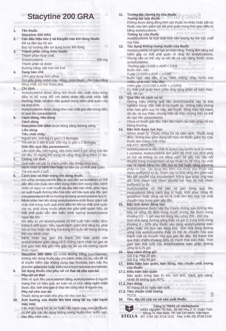 Cốm pha dung dịch uống Stacytine 200 GRA Stella tiêu nhầy, long đờm (20 gói)