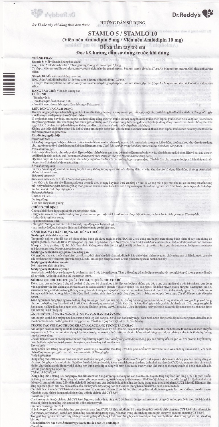 Thuốc Stamlo 5 Dr. Reddy's điều trị tăng huyết áp, đau thắt ngực ổn định mạn tính (2 vỉ x 10 viên)