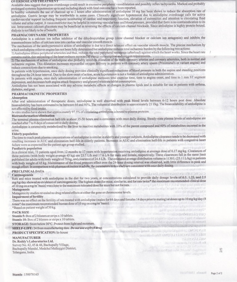 Thuốc Stamlo 5 Dr. Reddy's điều trị tăng huyết áp, đau thắt ngực ổn định mạn tính (2 vỉ x 10 viên)
