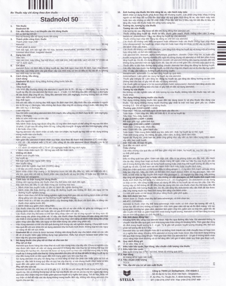 Thuốc Stadnolol 50 Stella điều trị tăng huyết áp, đau thắt ngực mạn tính ổn định (10 vỉ x 10 viên) 