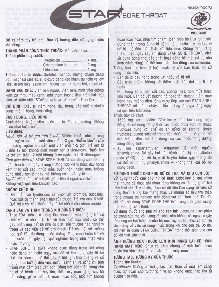 Viên ngậm Star Sore Throat OPV không đường điều trị đau họng, viêm họng (2 vỉ x 12 viên)