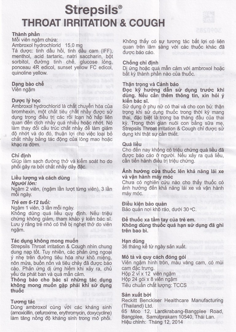 Viên ngậm Strepsils Throat Irritation & Cough Reckitt Benckiser giúp làm sạch đường thở và kiểm soát ho (2 vỉ x 12 viên)
