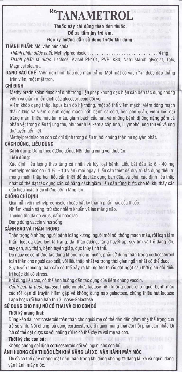 Viên nén TanaMetrol 4mg Thành Nam chống viêm và điều trị viêm khớp dạng thấp, lupus ban đỏ (3 vỉ x 10 viên)