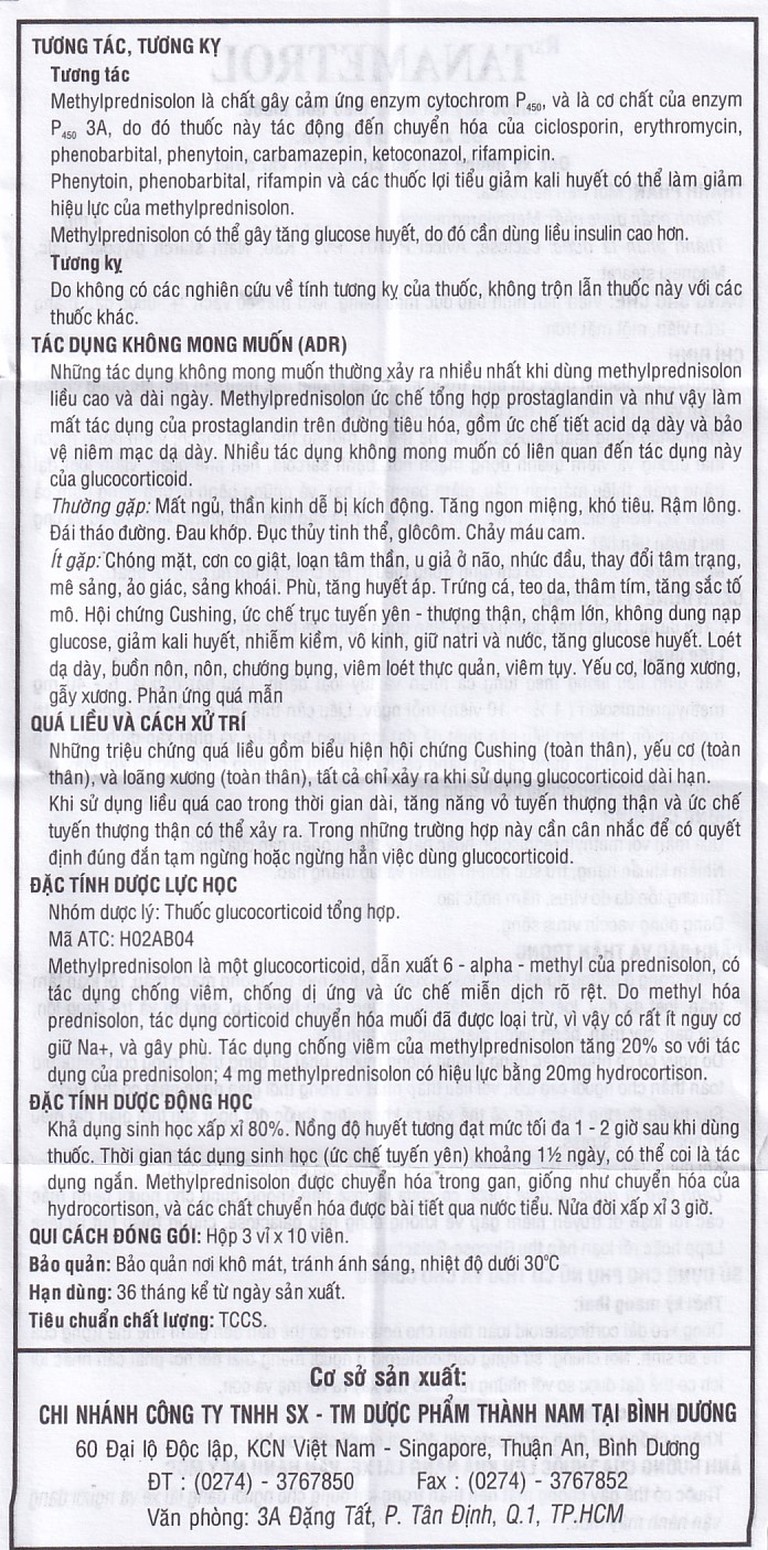 Viên nén TanaMetrol 4mg Thành Nam chống viêm và điều trị viêm khớp dạng thấp, lupus ban đỏ (3 vỉ x 10 viên)