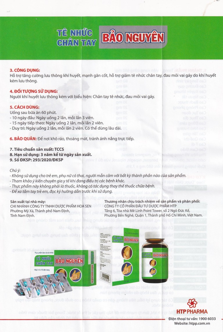 Viên uống Tê Nhức Chân Tay Bảo Nguyên tăng cường lưu thông khí huyết (3 vỉ x 10 viên)